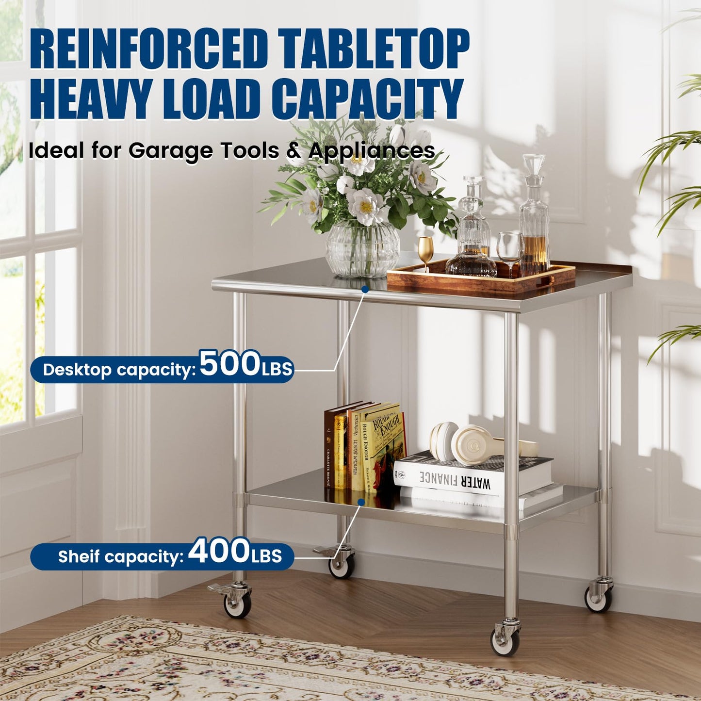Chingoo Stainless Steel Work Table with Wheels, 30x48 Inch NSF Food Prep Table with Backsplash & Adjustable Undershelf for Kitchen, Restaurant, Garage