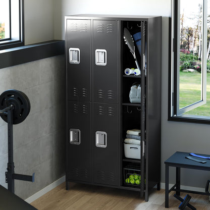 Heavy Duty Metal Storage Locker Cabinet – 6 Lockable Doors, Hooks, Shelf, Ventilated Design – Tall Steel Office Organizer for School, Gym, Garage – Secure Storage Rack, Black