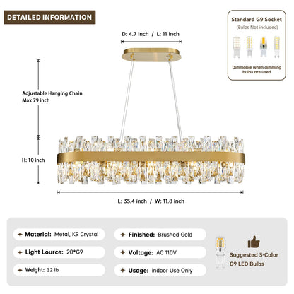 TMAFON Modern Brass Gold Crystal Chandelier, Rectangle K9 Crystal Raindrop Chandelier Lights, Contemporary Ceiling Hanging Light Fixtures for Kitchen Island Dining Room, Length 35.4 inches