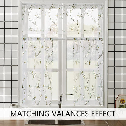 MRTREES Voile Sheer Tier Curtains, Floral Embroidered Kitchen Tiers Rod Pocket, White (2 Panels, 30x36 Inches)