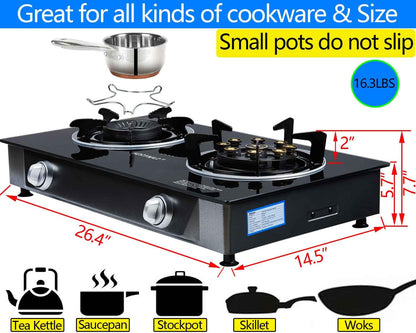 Horynar Propane Stove 2 Burner Gas Stove Novel 9 Copper Propane Burners Auto Ignition Tempered Glass with LPG CSA Hose for Outdoor Cooking,Emergency