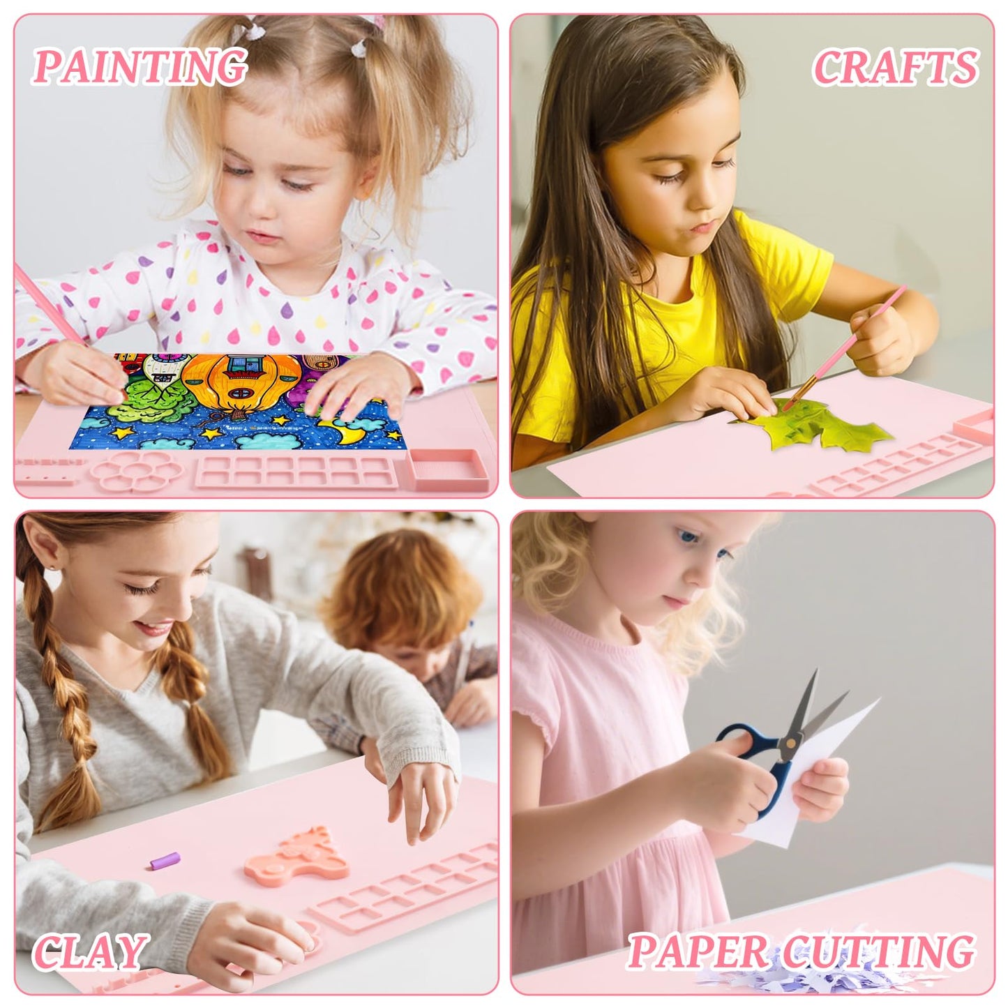 Painting Station, Silicone Painting Mat 20"X16" and Paint Brush Cleaner (Pre-Assembled), 10 Paint Brushes and Foldable Silicone Paint Brush Cleaner Bowl, for Artist Kids Adults Birthday Gifts (Pink)