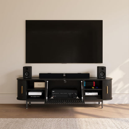 POVISON Fully-Assembled Mid Century Modern TV Stand for 65 inch TV, Sliding Door Entertainment Center with Storage, Wood TV Console, Media Console for Living Room Bedroom(Black, 70.87")