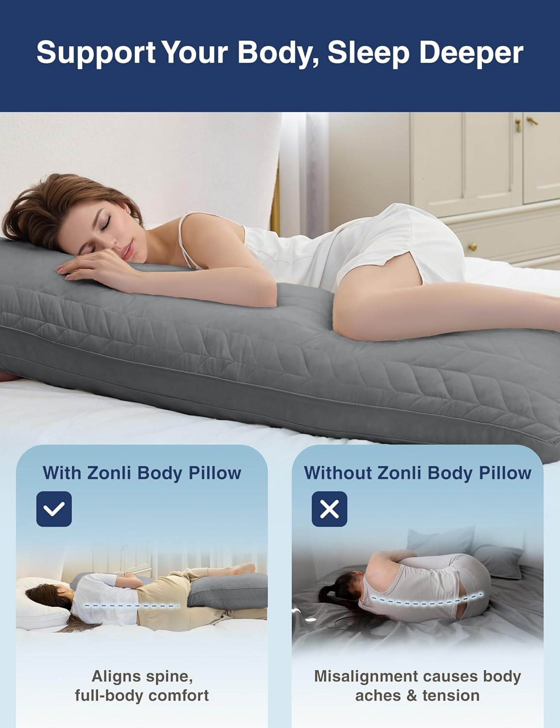 20 54 Inch, ZonLi Long Body Pillow for Adults, Firm Body Pillow with Adjustable Shredded Memory Foam, Soft Support