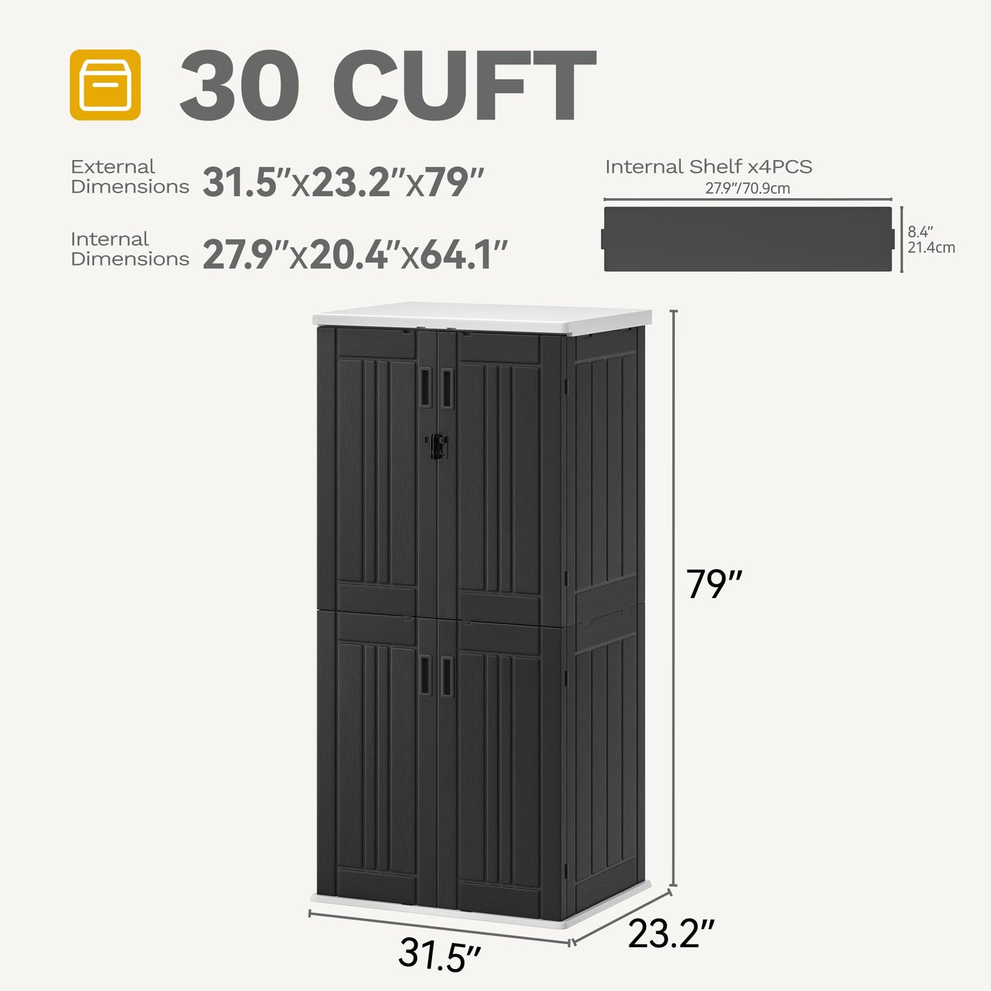 DWVO Outdoor Vertical Storage Cabinet with 4 Shelves, Waterproof Tall Plastic Storage Shed with 4 Adjustable Shelf, 30 cu. ft. Patio Tools Storage Box for Patio, Garden, Backyard, Deck, Dark Gray