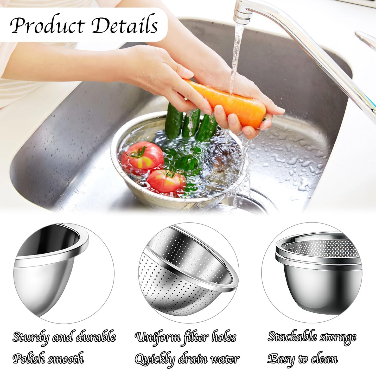 Stainless Steel Mixing Bowls, 4 Pack Rice Washer Strainer Bowl Large Mixing Bowl Salad Mixing Bow, Rice Cleaner Strainer Stainless Steel Colander For Washing Vegetables, Fruit, Rice, Straining Pasta