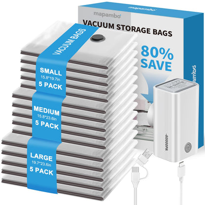Mapambo Vacuum Storage Bags with -60000Pa USB Pump, 15 Pack Vacuum Seal Bags for Clothing Travel in 3 Sizes, Travel Vacuum Bags with Pump, Saving up to 80% of Luggage Space (15 Combo Size)