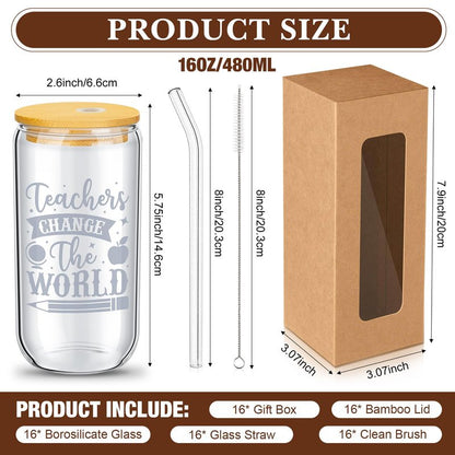 Pickmesh 16 Sets Teacher Week Employee Gifts for Teacher Appreciation Graduation Gifts Bulk Week Cups Thank You Cup 16 oz Glass Cups with Lid Straw and Gift Boxes(Classic)