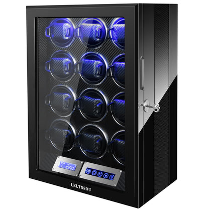 LELTNSOU Watch Winder for 12 Winding Spaces Automatic Watches, Ultra-Quiet Japanese Motors, Built-in LED Illumination and LCD Touchscreen Control