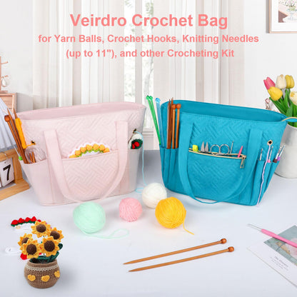 Veirdro Crochet Bag Organizer for Yarn Storage, Velvet Knitting Tote Bag with Double Handle for Crochet Accessories, Portable Travel Case for Yarn Balls, Crochet Hooks& Knitting Needles Holder (Pink)