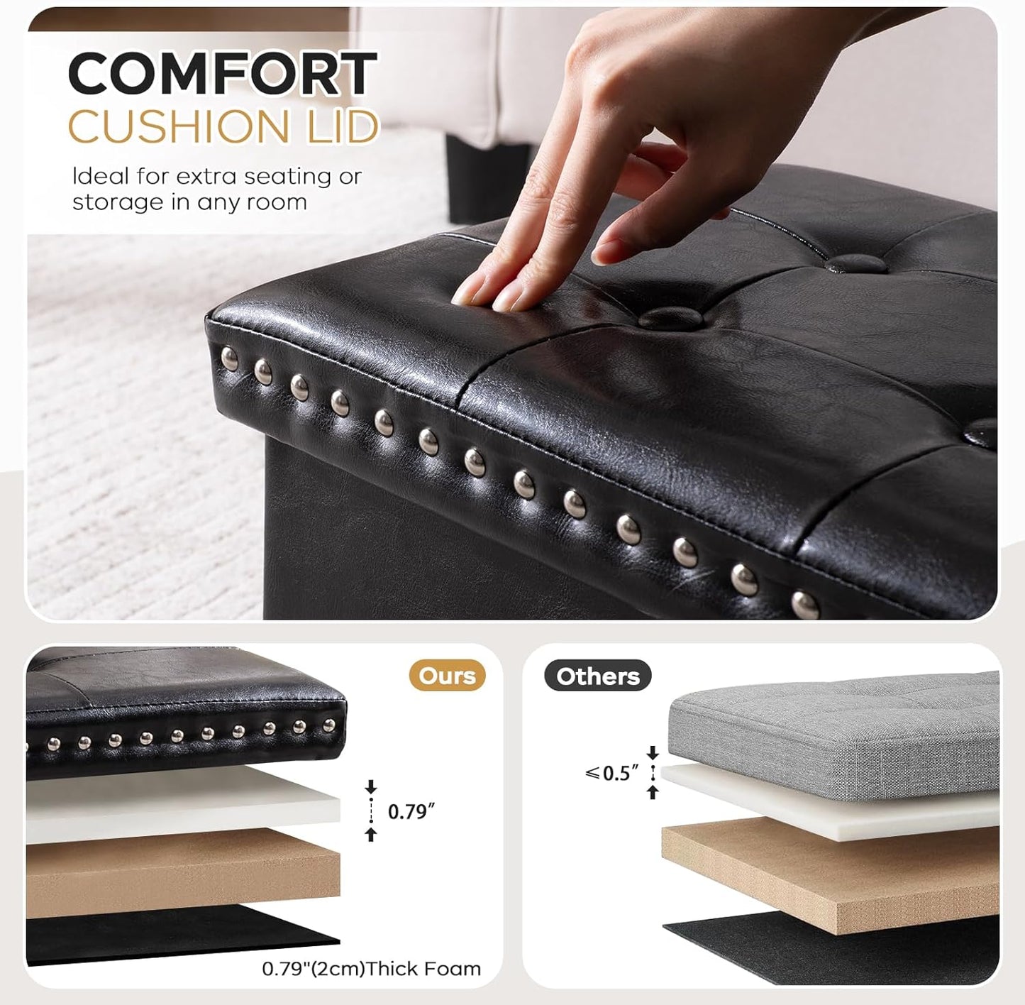 16x12x12 oakvivo Small Storage Ottoman Foot Rest Stool, in Foldable Leather Footstool Storage Bench with Rivet Design