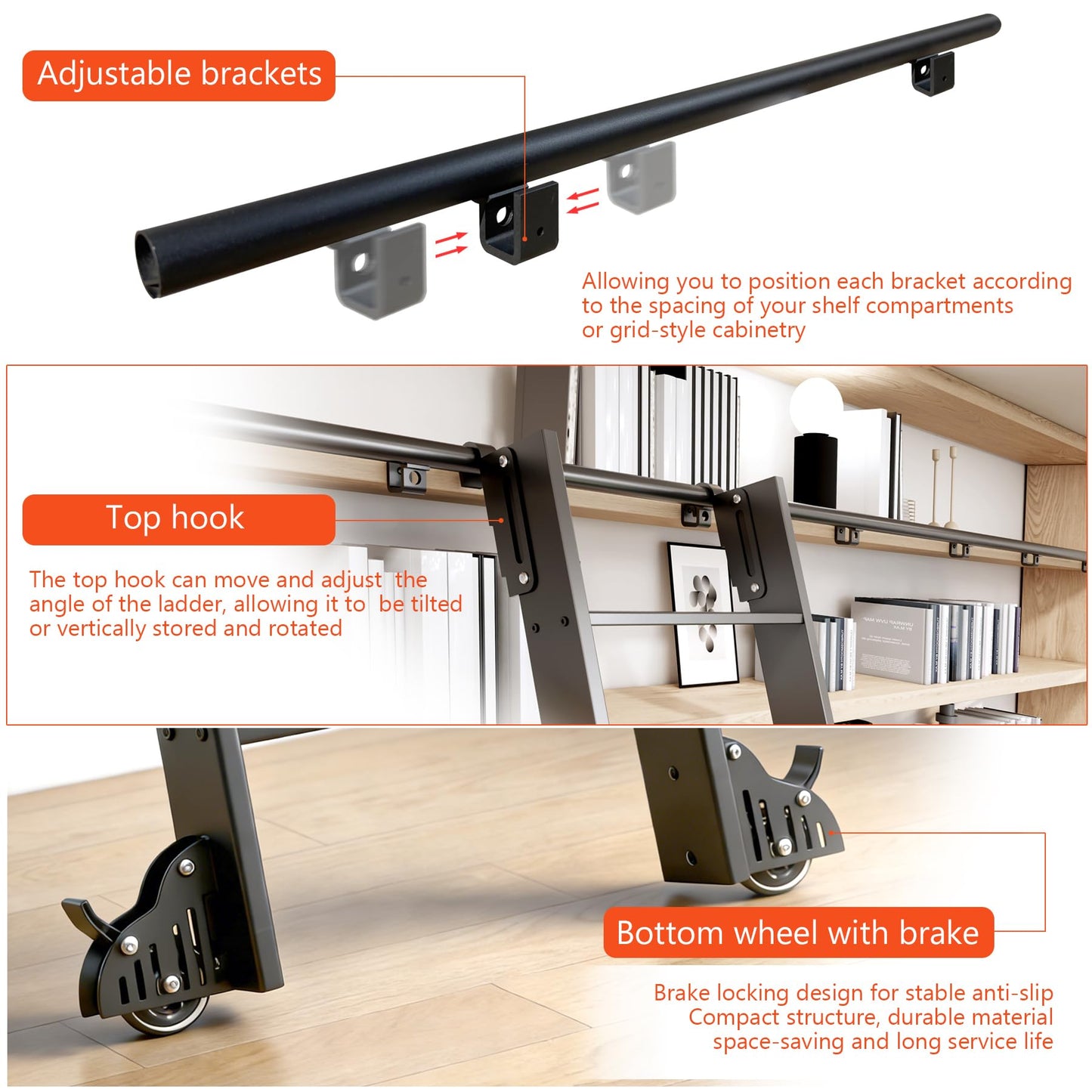 DIYHD 87" Lightweight Sliding Library Ladder with Handrail, Rolling Bookshelf Ladder with 4FT Rail System, Telescopic Top Hook, Upright Space-Saving Storage Design,7 Steps, 300 Pound Capacity, Black