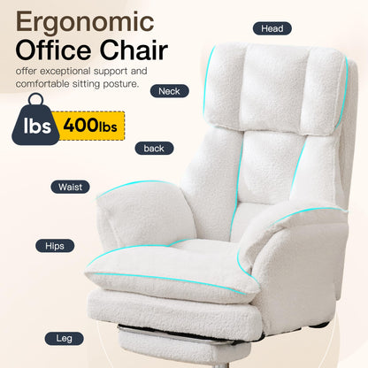 Ergonomic Cloud Cross Legged Office Chair with Footrest,Teddy Fleece Big and Tall Executive Chair with Wheels,Reversible Armrest,155° Reclining Computer Wide Desk Chair for Home,Office (White)