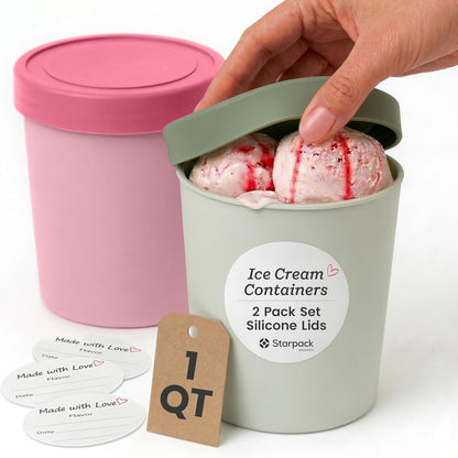 StarPack (2-Pack, 1 'Freeze The Day' Homemade Ice Cream Containers Quart) - Airtight Silicone Lids, BPA-Free Reusable