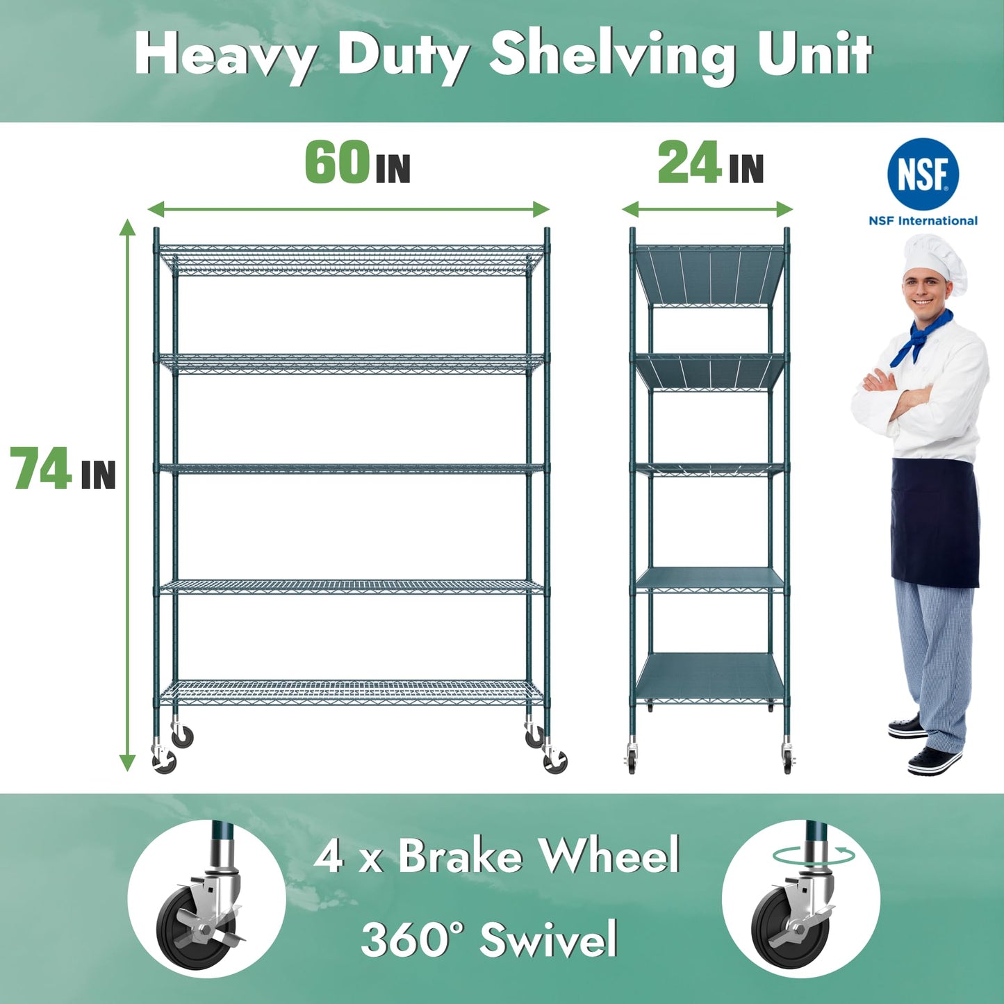 APLSS NSF 5-Tier Green-Epoxy Storage Shelves, 24"x60"x74", Moist&Dry Environments, Commercial Heavy Duty Steel Wire Shelving Unit with Wheels, Walk-in Cooler&Freezer Dishroom Kitchen