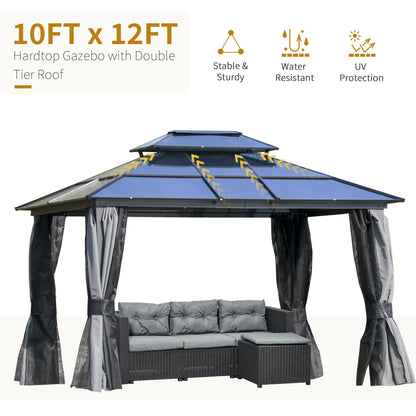 Outsunny 10' x 12' Hardtop Gazebo Canopy with Polycarbonate Roof, Aluminum Frame, Permanent Pavilion Outdoor Gazebo with Netting, for Patio, Garden, Backyard, Deck, Lawn, Light Gray