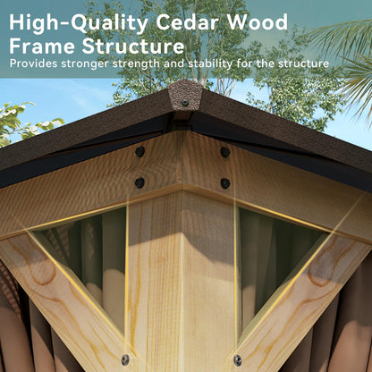 Aoxun 10' x 12' Outdoor Wood Gazebo with Double Polycarbonate Top, Hardtop Gazebo Permanent Wooden Pavilion with Breathable Netting and Privacy Curtain for Patio, Garden, Deck, Cedar Wood, Natural