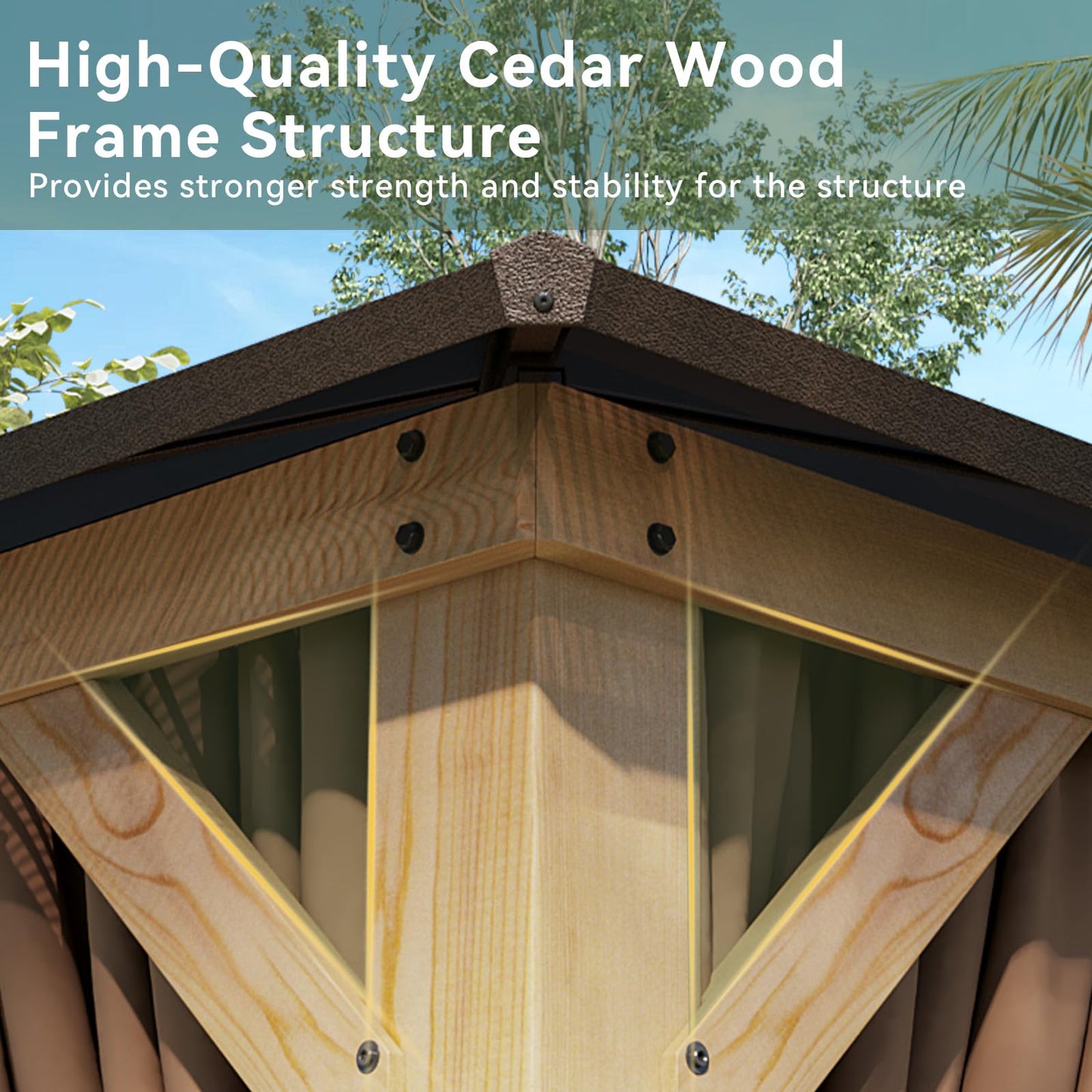 Aoxun 12' x 16' Outdoor Wood Gazebo with Double Polycarbonate Top, Hardtop Gazebo Permanent Wooden Pavilion with Breathable Netting and Privacy Curtain for Patio, Garden, Deck, Cedar Wood, Natural