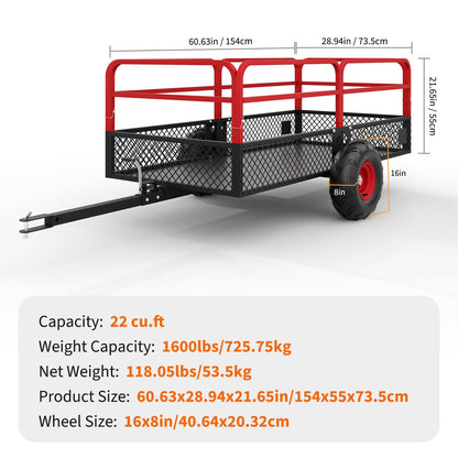 PeakPursuit Tow Behind Steel Dump Cart, Heavy Duty Yard Garden Trailer with Removable Sides & All Terrain Tires, Fits Lawn Mower, Tractor, Garden Cart, 1600 lbs 22 Cubic Feet, Red