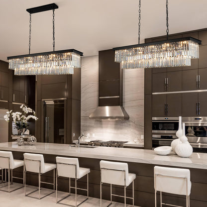 Weesalife Crystal Chandeliers for Dining Room Light Fixtures Over Table，15-Lights Black Modern Rectangle Chandeliers for Kitchen Island Bar L40 Inch