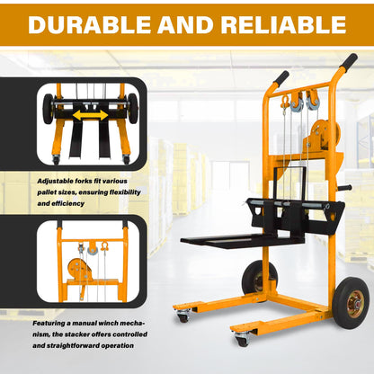APOLLOLIFT Material Lift Winch Stacker, 440 lbs Capacity 35.4" Lifting Height, Manual Stacker Pallet Jack Truck Dolly with Swivel Casters and Lift Plate