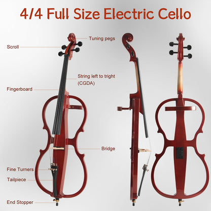 Ceciliec Electric Cello, 4/4 Full Size Silent Cello with Headphone Jack & Carry Bag, Professional Cello for Beginners/Adults