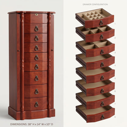 Hives and Honey Robyn Standing, Locking Antique Organizer with Mirror, 8 Drawers, Necklace Hooks, Anti-Tarnish Lining, Fully Assembled, Solid Wood Jewelry Armoire, 38"H x 14"W x 10"D, Cherry