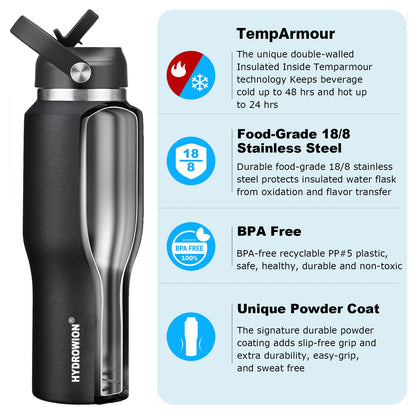 HYDROWION 40 oz Insulated Water Bottle with Straw fit in Car Cup Holder(Cold 48 hrs, Hot 24 hrs) Drinking Bottle with Straw Lid, Spout Lid and Flex Cap Leakproof Travel Thermo Mug，Black