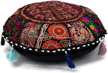 DK Homewares 18 Inch 18x18 Indian Traditional Floor Cushion Cover Bohemian Black Patchwork Yoga Pouf Ottoman Home Decor