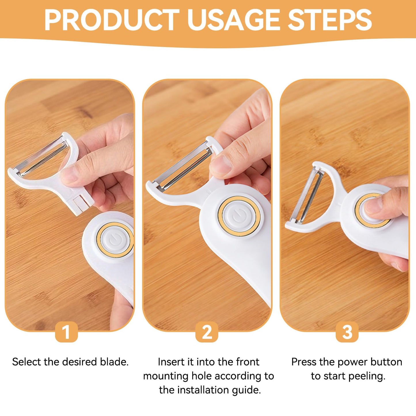 Electric Potato Peeler, Handheld Vegetable Peeler Set with 3 Interchangeable Blade Heads USB Rechargeable Veggie Fruit Peeler for Pears, Carrots, Cucumber