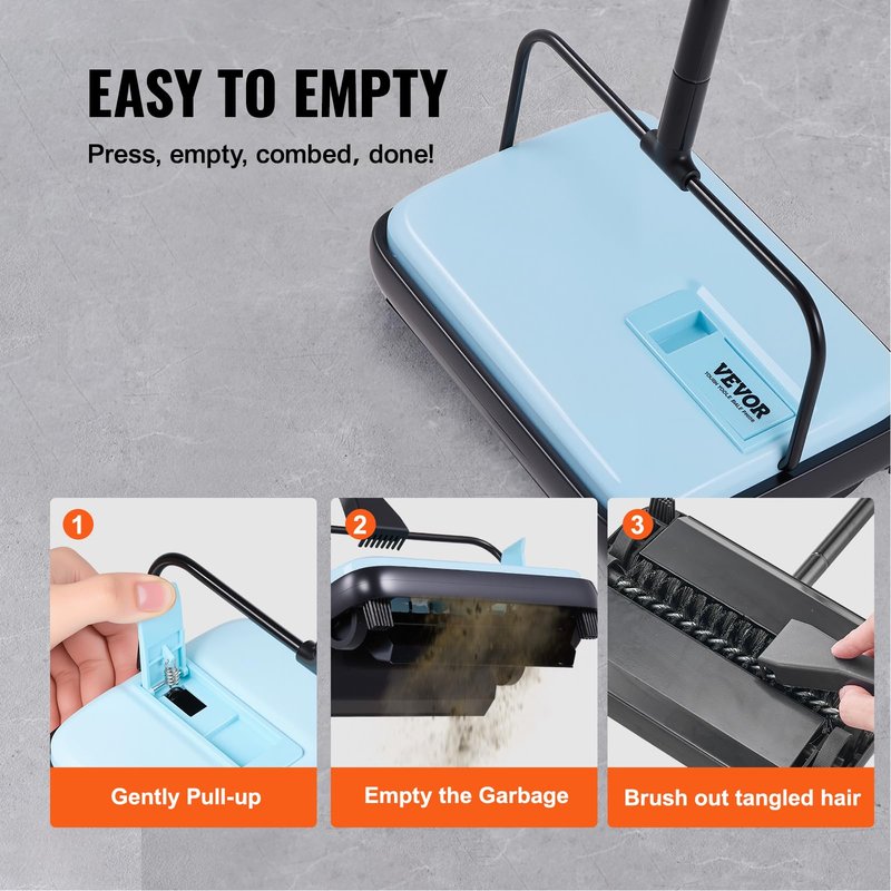 VEVOR Carpet Sweeper Manual, Floor Sweeper with 300 ml Dustbin Capacity Easy to Empty, 6.7 inch Cleaning Width for Home Office Carpets Pet Hair Dust, Blue