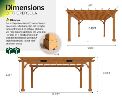 Jocisland 12x14 FT Premium Cedar Wood Pergola with Trellis Roof & Weather-Resistant Support, Outdoor Pergola Kit with Stakes, Garden Gazebo for Patio, Backyard & Events, Reddish-Brown