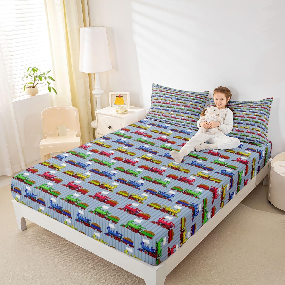 Set 1 Train Bedding Twin,Construction Train Bed Sheets Colorful Cartoon Smoking Steam Engine Fitted Bed Sheet for Kids
