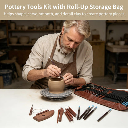 8 Pcs Pottery Tools Kit with Roll-Up Storage Bag, Clay Carving Set, Professional Ceramic Sculpting Modeling Instruments for Beginners & Expert Artists, Wood Metal Plastic Materials