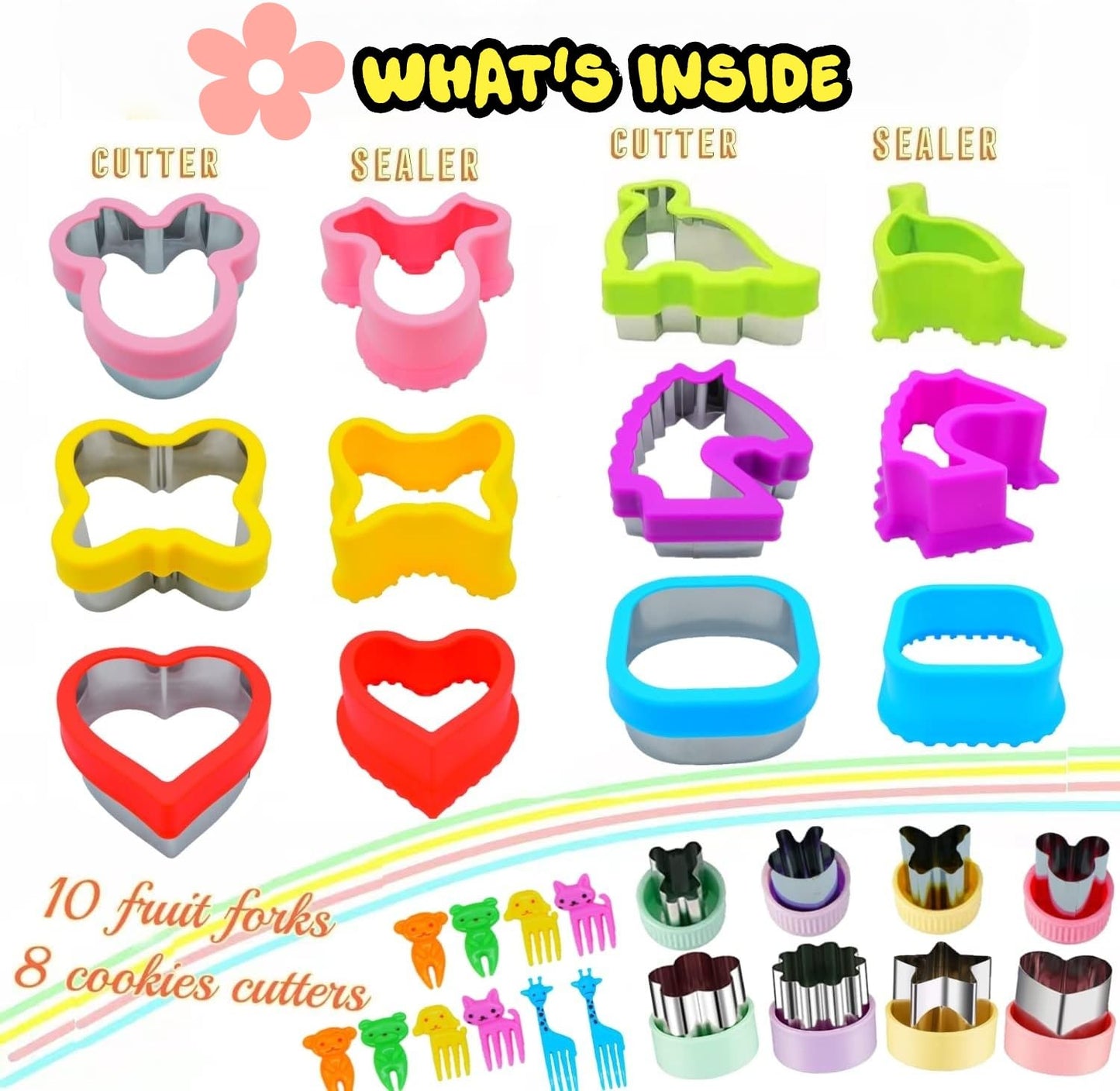 BANIC Uncrustable Sandwich Cutter, 24Pcs Sandwich Cutter and Sealer, Crustless Sandwich Cutter Heart Star Unicorn Dino Butterfly etc, Lunch & Bento Box Accessories