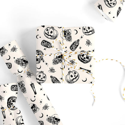 Whaline Halloween Wrapping Paper -Mini Roll- 17 In x 32.8 Ft Beige Black Skull Pumpkin Viper Gift Wrap Paper for Halloween Wrapping Supplies