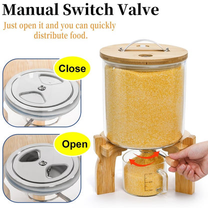 Goaste Glass Rice Dispenser with Bamboo Stand, 5L Flour Cereal Container with Airtight Lid, 8 Lbs Large Grain Food Storage Bucket, Countertop Beans Storage Tank with Measuring Cup & Valve for Dry Food