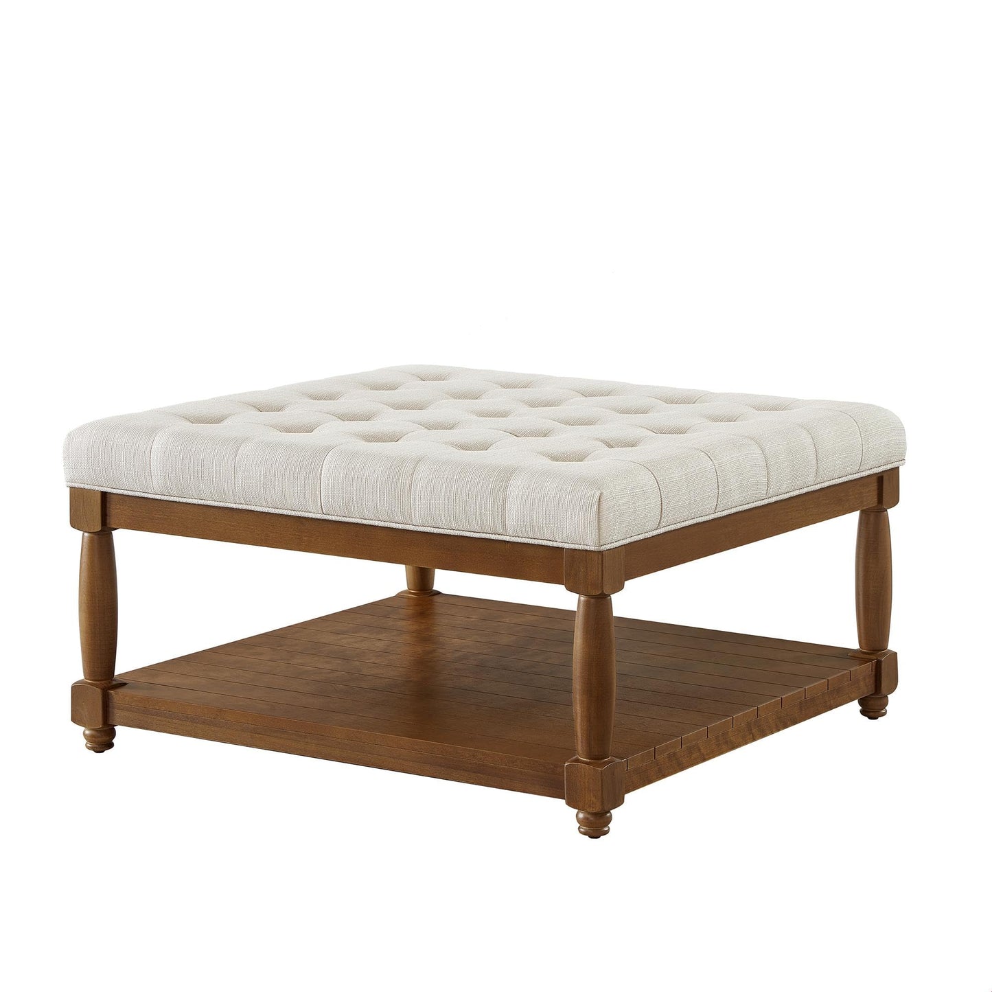 GDFStudio Large Square Upholstered Tufted Linen Ottoman Coffee Table with Solid Wood Frame and Open Storage Shelf, Nailhead Trim Accent Footrest for Living Room, Ivory