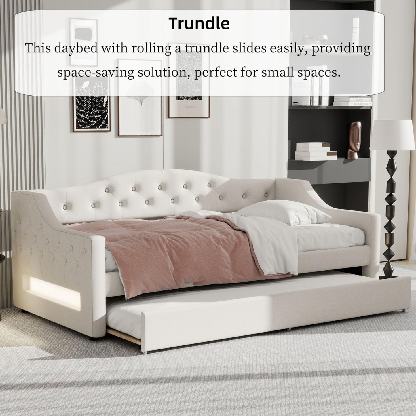 Merax Twin Size Linen Corner Daybed with Trundle and LED Belt, Upholstered Headboard Captain Bed Frames for Small Room, Bedroom, Guest Room, Kids' Room, White