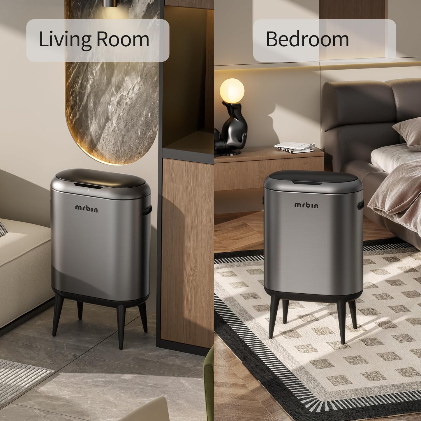 MRBIN 40L/11Gal Slim Sensor Trash Can with Legs, Touchless Motion Sensor Garbage Bin,Side Handles, Narrow Automatic Waste Basket for Kitchen, Living Room, Bedroom, Eclipse Grey