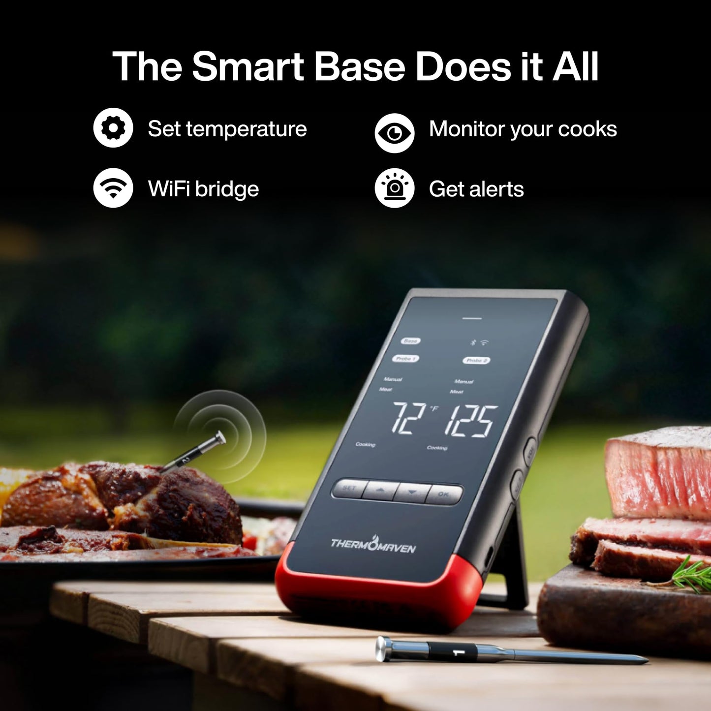 ThermoMaven Smart Bluetooth Wireless Meat Thermometer: Standalone Base, WiFi Unlimited Range, 6 Sensors with NIST Certified Accuracy, 2 Probes for Kitchen, BBQ, Grill, Oven, Smoker, Rotisserie