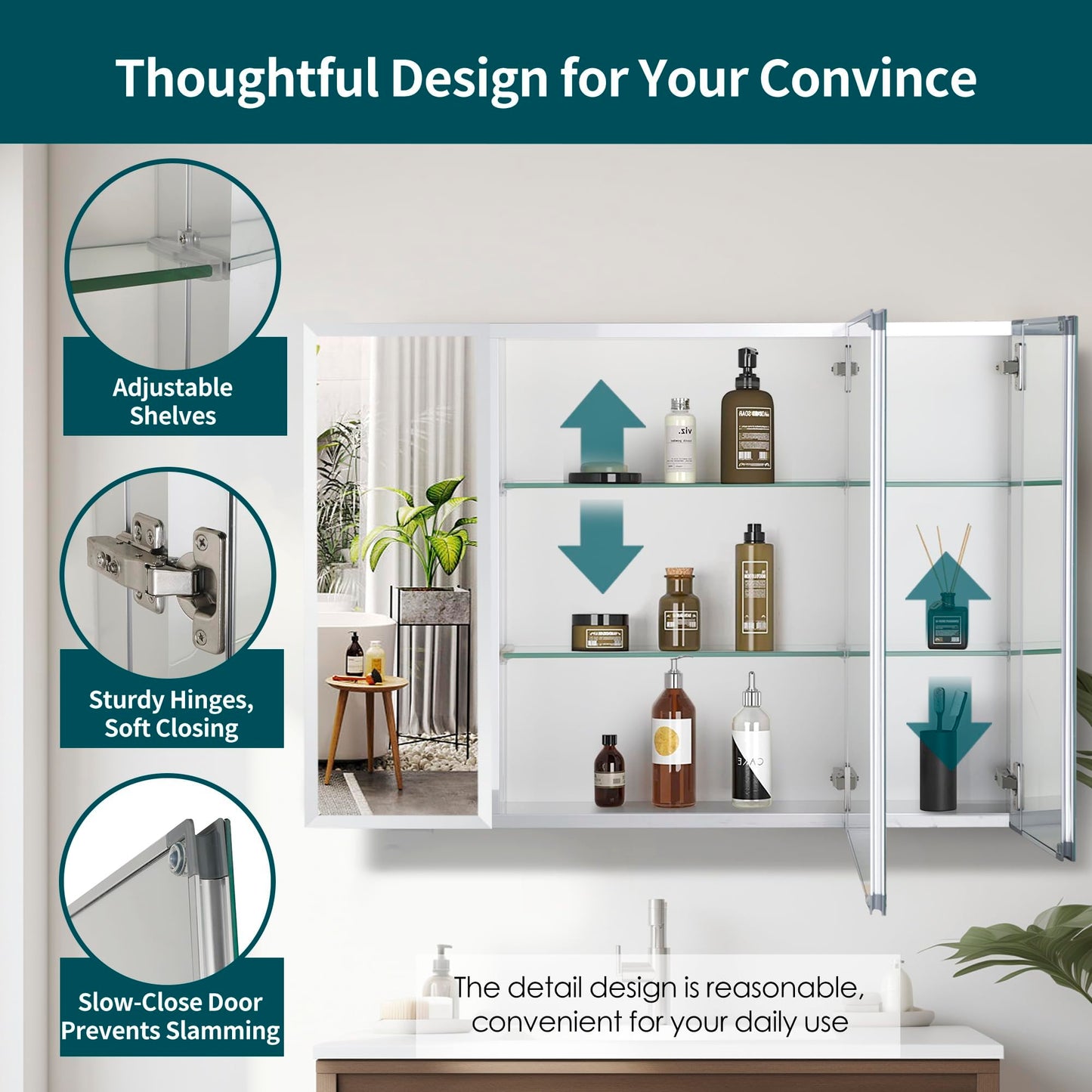 Movo Double Doors Medicine Cabinet with Mirror, 36 inch X 26 inch Aluminum Bathroom Medicine Cabinet, Adjustable Glass Shelves, Waterproof and Rust-Resist, Recess or Surface Mount Installation,Silver