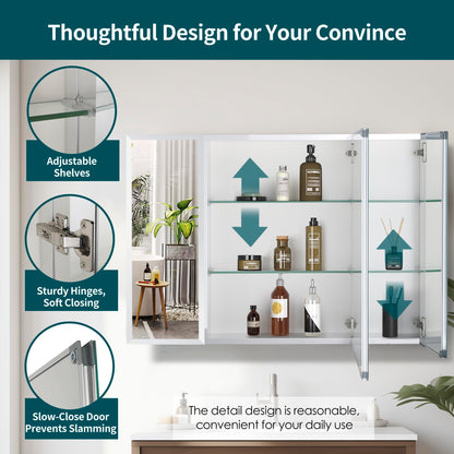 Movo Double Doors Medicine Cabinet with Mirror, 36 inch X 26 inch Aluminum Bathroom Medicine Cabinet, Adjustable Glass Shelves, Waterproof and Rust-Resist, Recess or Surface Mount Installation,Silver