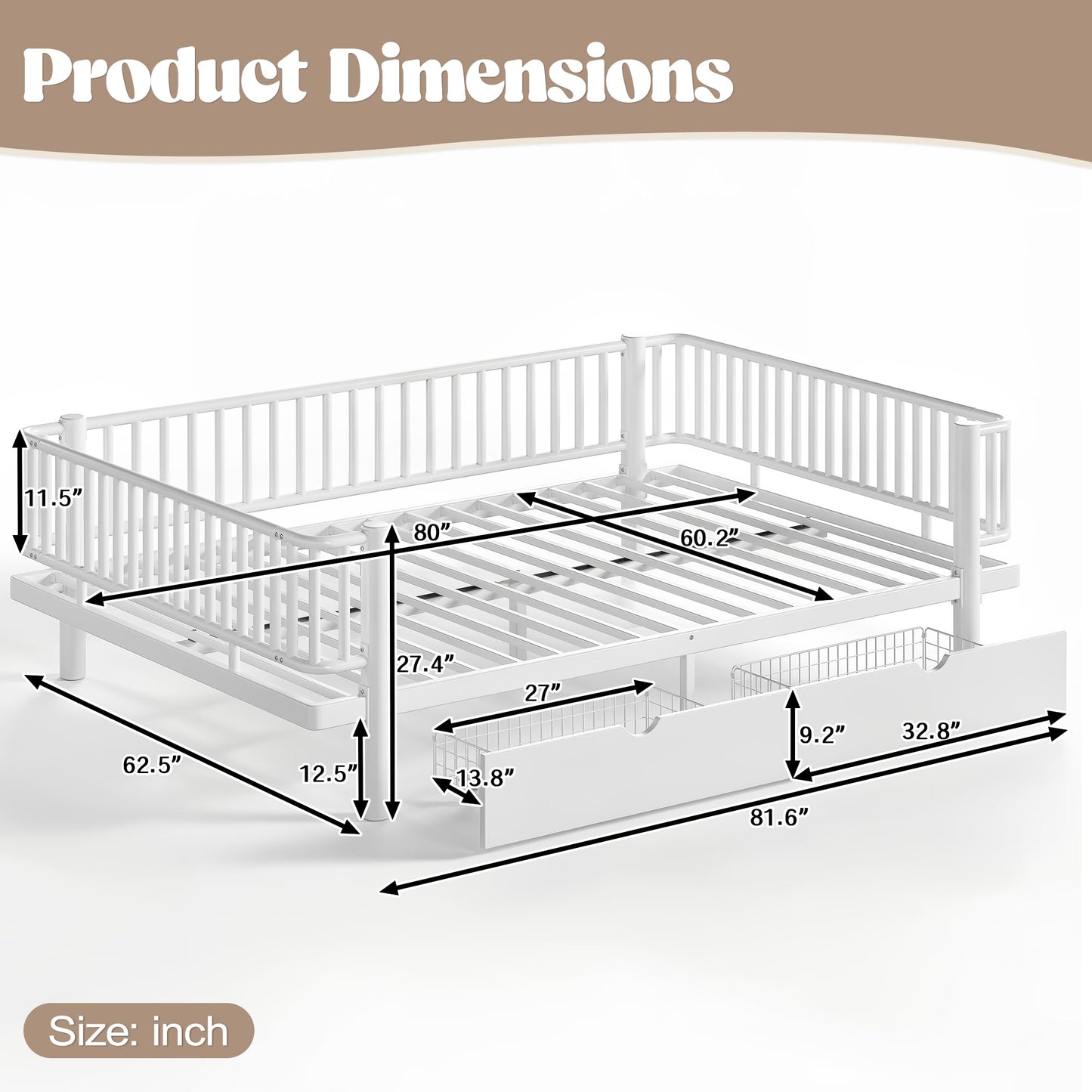 KEIKI Queen Size Metal Platform Bed Frame with 2 Storage Drawers, Modern Daybed with Strong Metal Slats & Upgraded Safety Round-Pipe Design, No Box Spring Needed, Easy Assembly, for Bedroom, White