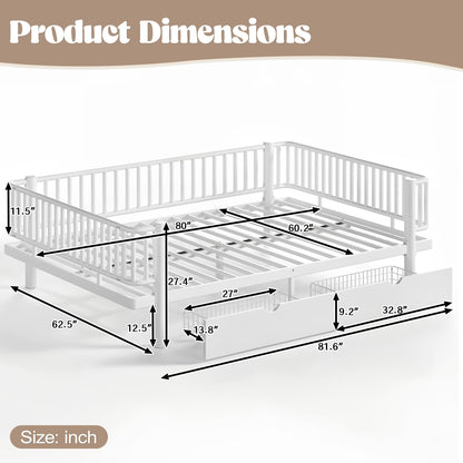 KEIKI Queen Size Metal Platform Bed Frame with 2 Storage Drawers, Modern Daybed with Strong Metal Slats & Upgraded Safety Round-Pipe Design, No Box Spring Needed, Easy Assembly, for Bedroom, White