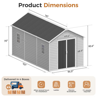 CDCASA Resin Storage Shed 8x14 FT, Waterproof Outdoor Sheds Heavy Duty Aluminum Frame Outside Plastic Tool Shed with Adjustable Openable Windows, Lockable Door for Backyard, Garden, Lawn, Dove Grey