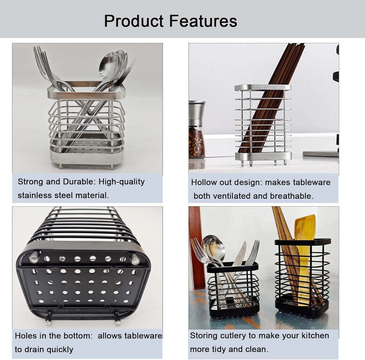 Cutlery Drainer, Stainless Steel Utensil Holder Sink Caddy, Rust Proof Kitchen Sink Organizer for Counter (Black)