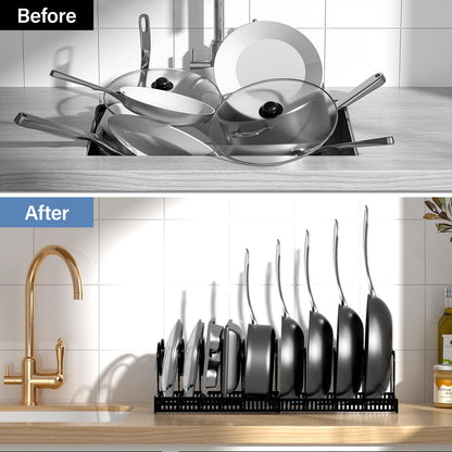 ORDORA Pots and Pans Organizer under Cabinet with Pot Lid Organizer, Expandable Rack for Pan and Pot Organizers Inside Cabinet, 12"-23" Adjustable with 10 Dividers for Kitchen Organization, Black