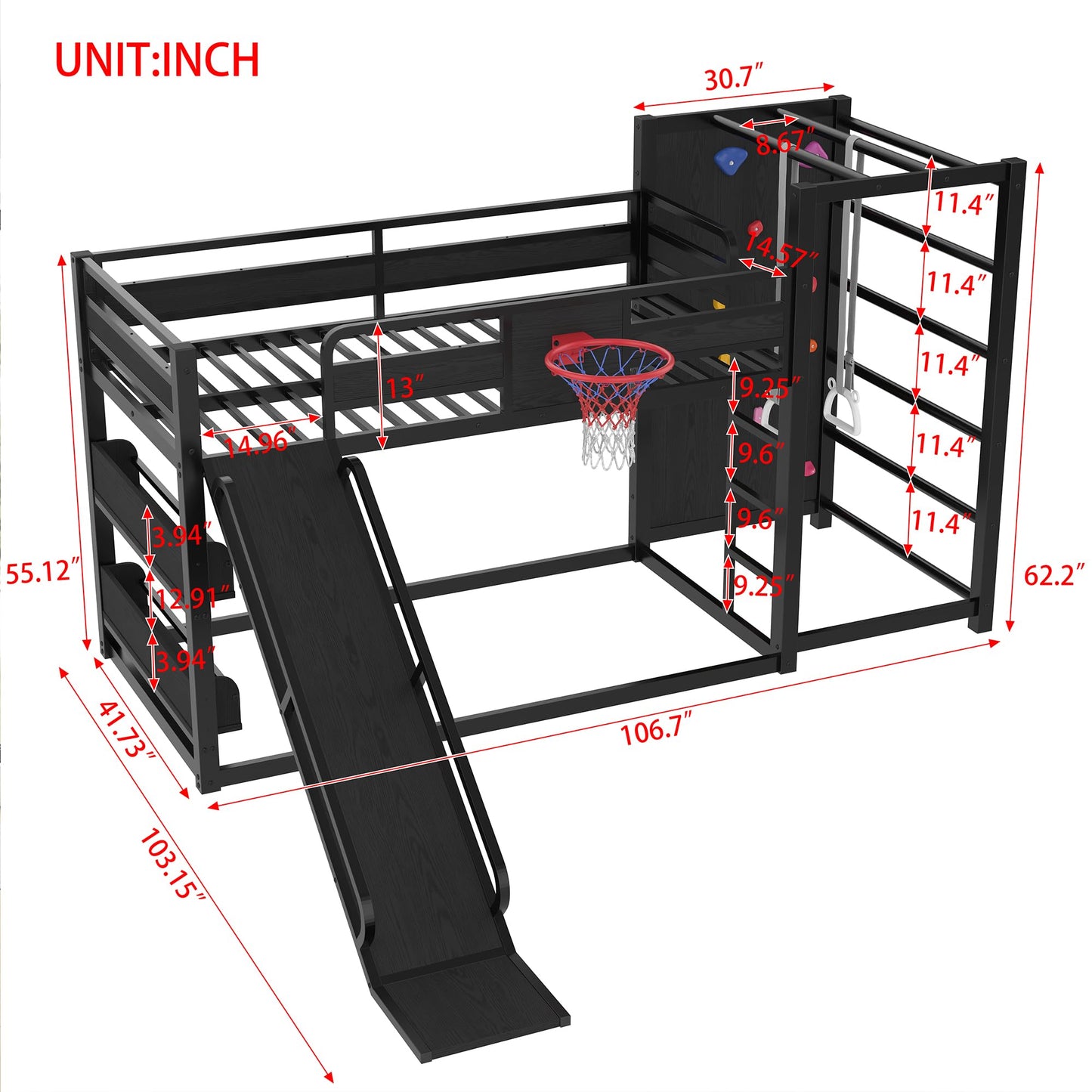 Bellemave Twin Size Bunk Bed with Basketball Hoop, Pull-up Rings and Climbing Wall, Twin Bunk Bed with Slide and Bookcase, Heavy Duty Bunk Beds with Guardrail, Black