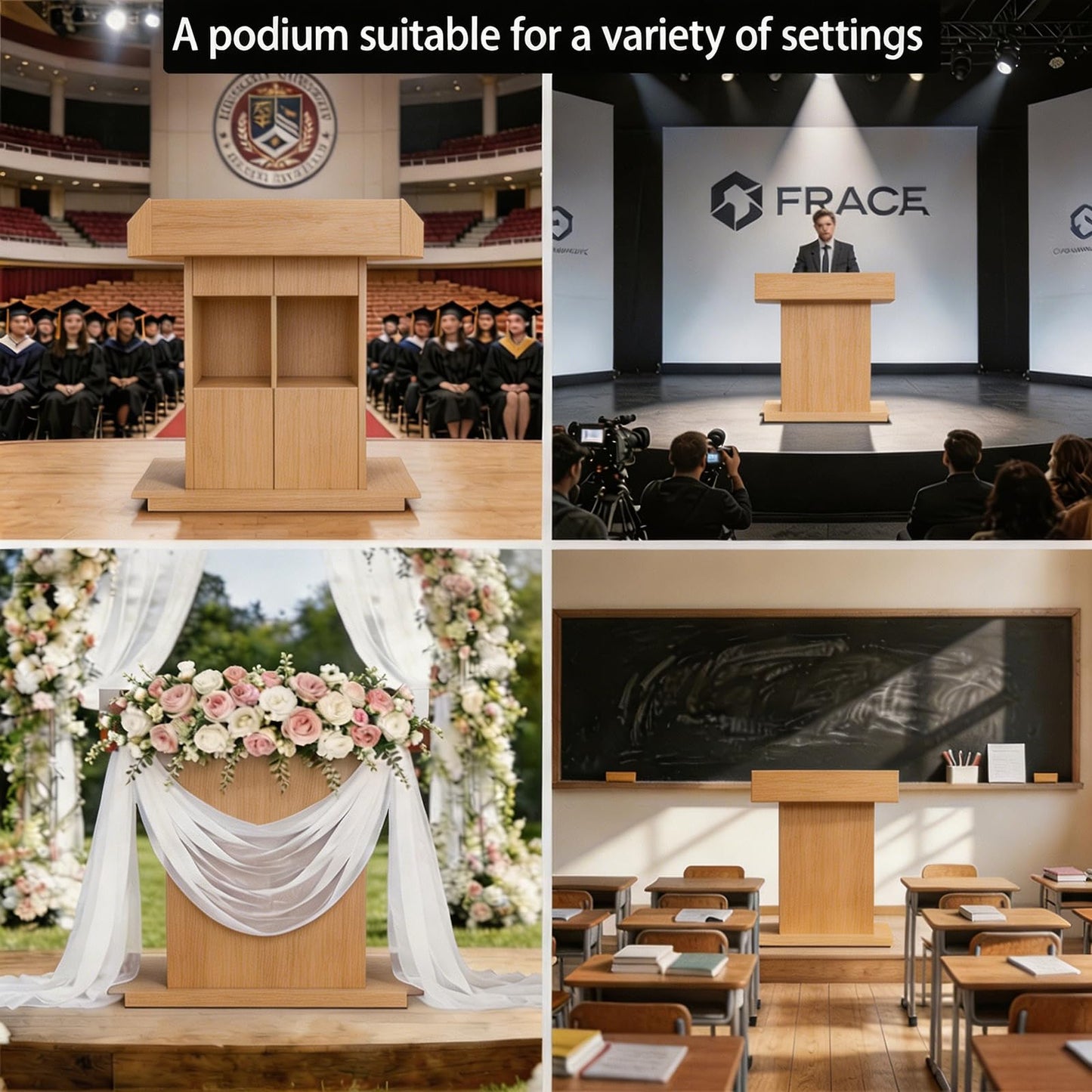 Portable Podium Stand with Lockable Wheels - Mobile Lectern for Church, Office, School, Conference & Restaurant - Includes Storage Compartment - Natural Finish